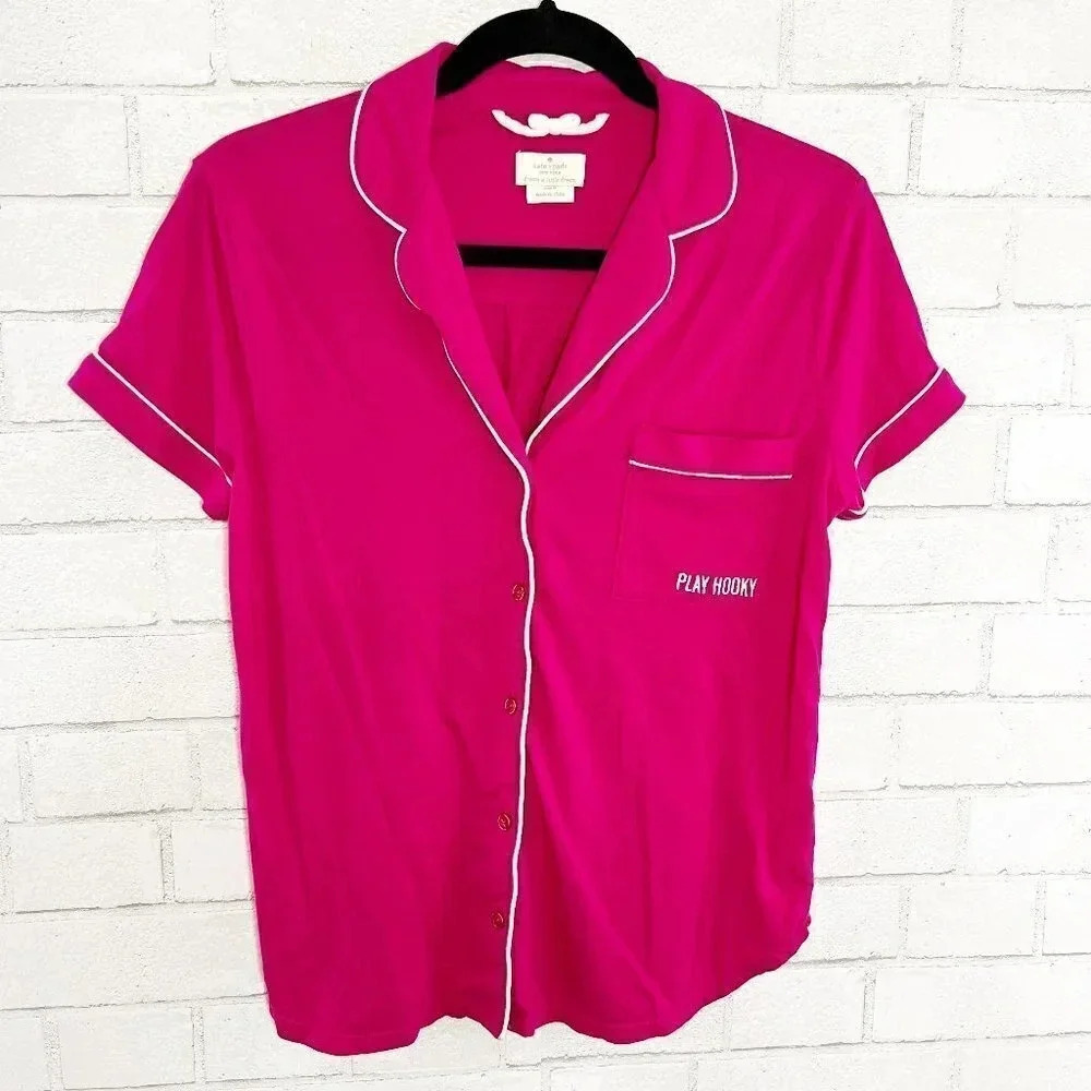 Kate Spade Hot Pink "Play Hooky" Button Front Sleep Shirt Women's Size Medium